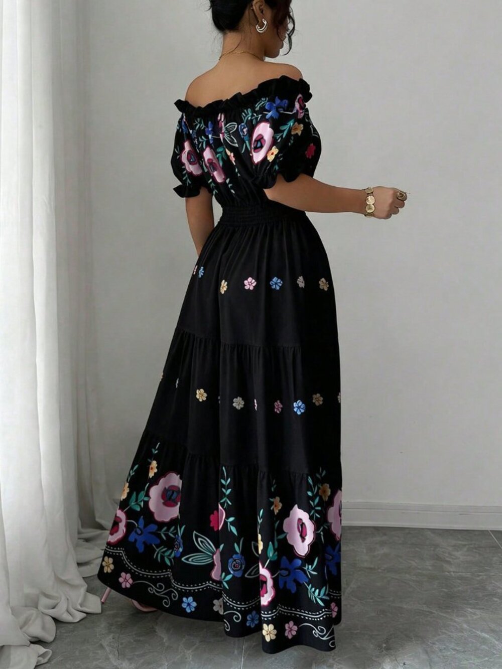 Black Boho Off Shoulder Petal Sleeve Floral Print Waist Flared Women's Dress - Picture 2 of 7